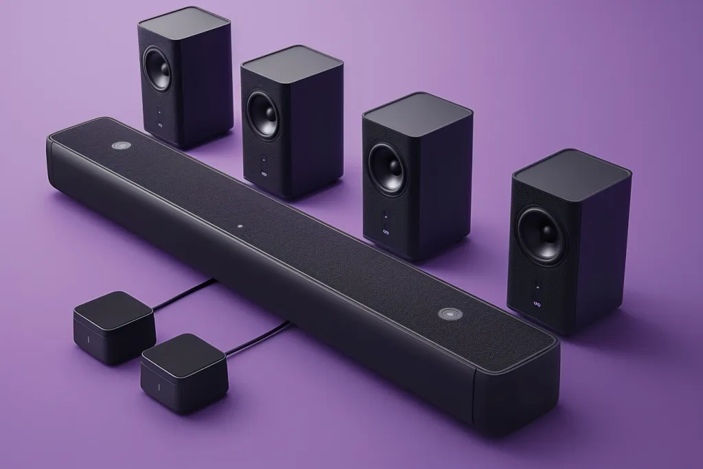 Uma barra de som preta com dois pequenos subwoofers e três alto-falantes quadrados