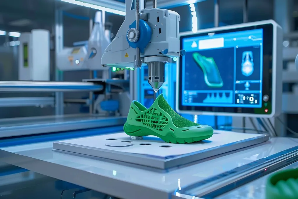 A closeup shot of an advanced 3D printer printing a green shoe on white paper