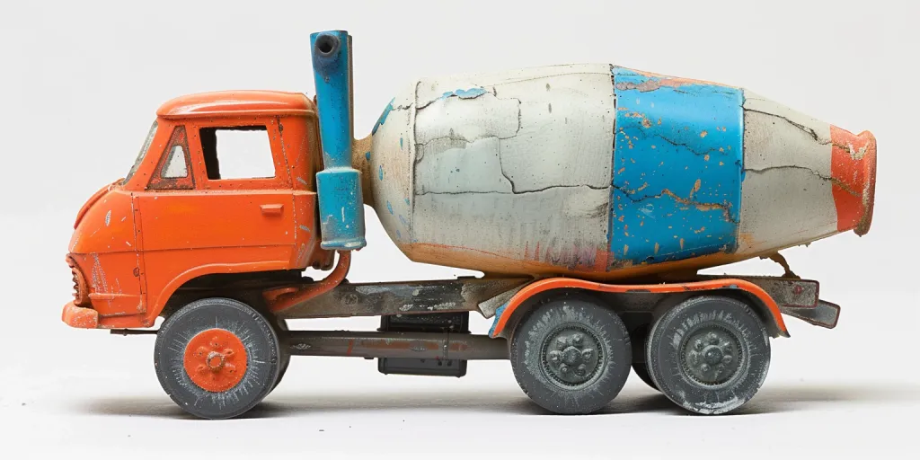 A concrete truck is portrayed