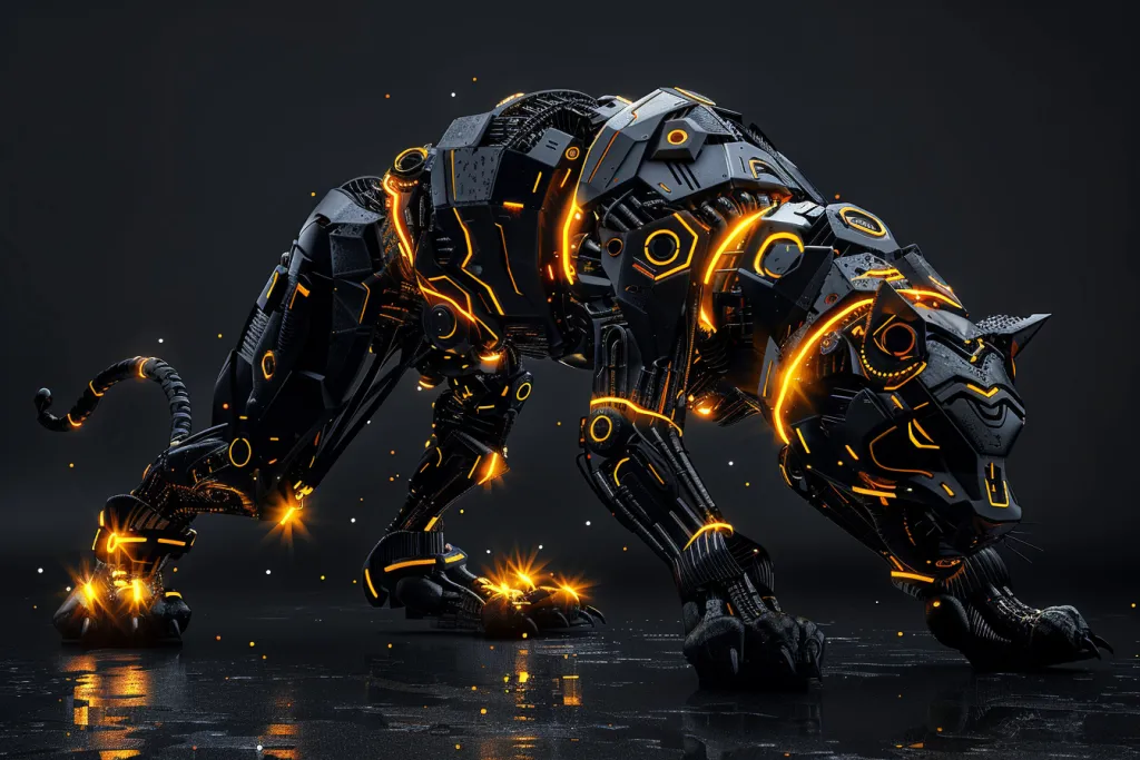 Un tigre robot futurista hecho de metal negro y dorado.