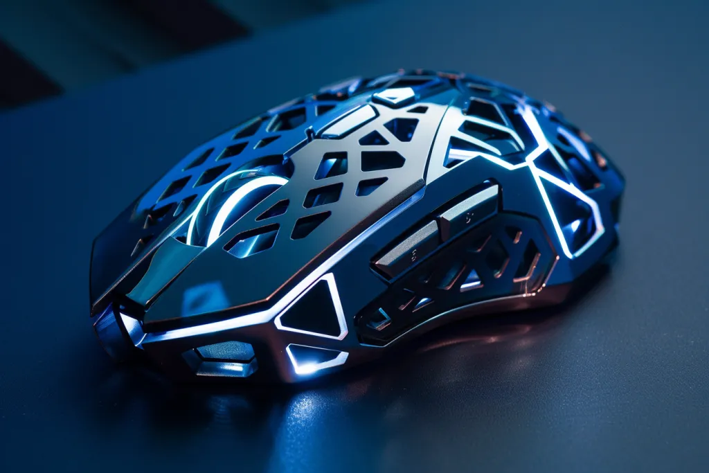 A high-end gaming mouse with a futuristic design