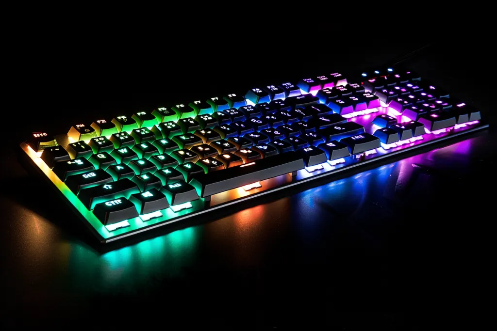 Um teclado com luz de fundo que acende em cores diferentes