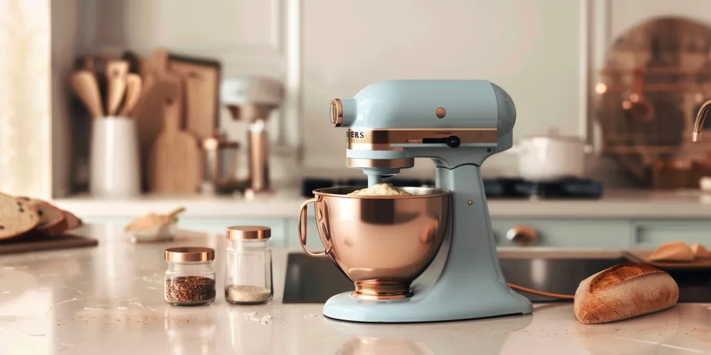 A kitchen mixer in pastel blue and copper
