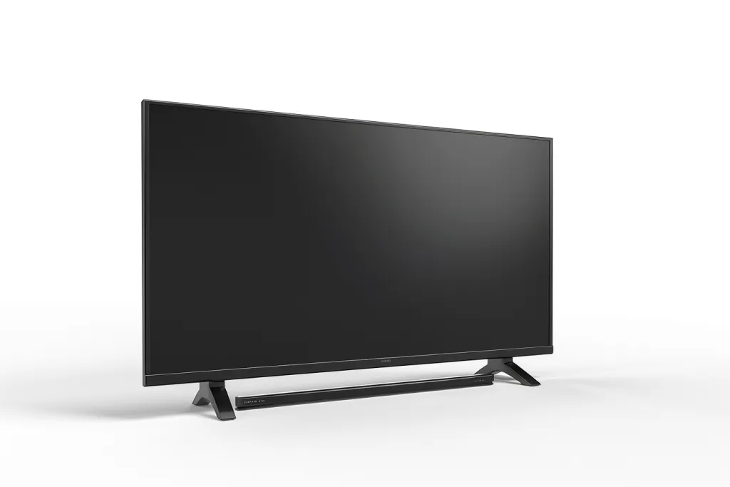 A large flat screen television with black frame and no stand