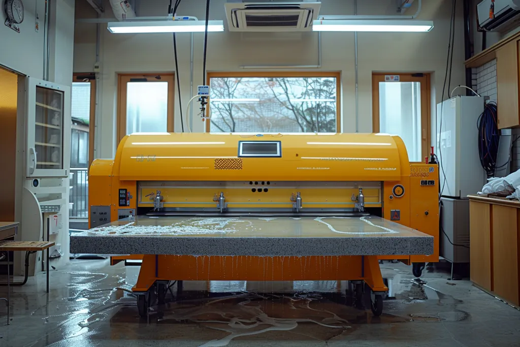 Uma prensa térmica de grande formato com dois bicos para aplicação no chão