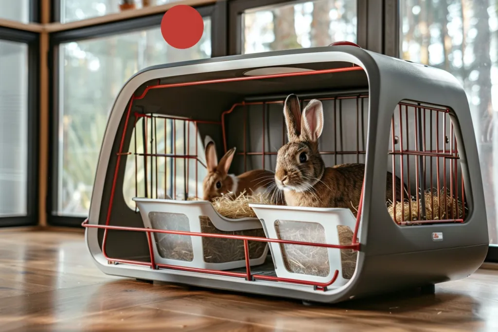 A large rabbit cage with an open door