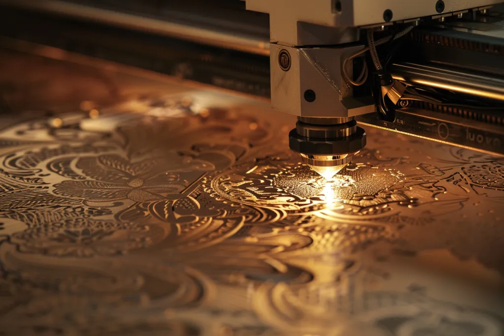 Une machine de gravure laser fonctionne sur la surface plane d'une feuille de cuivre