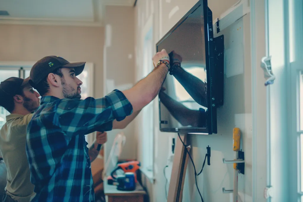 Ein Mann hängt bei der Arbeit einen Fernseher an die Wand seiner Wohnung