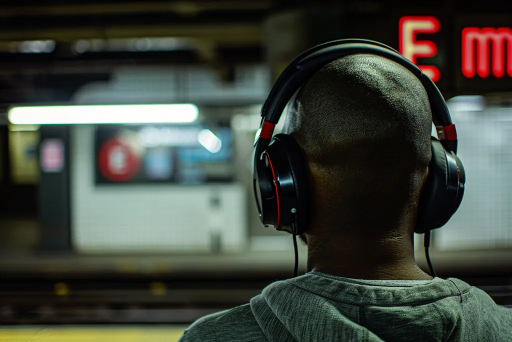 ヘッドフォンをした男性が地下鉄の前に立っています