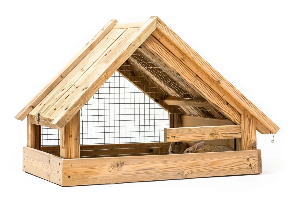 A medium sized wooden rabbit hutch with an open roof and two doorways