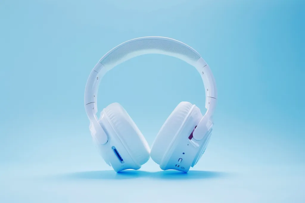 Sepasang headphone putih dengan latar belakang biru muda