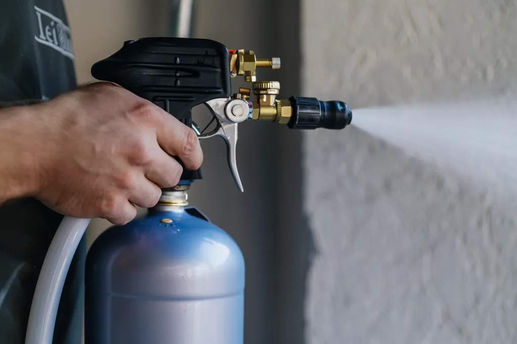 A person is holding a sand blaster