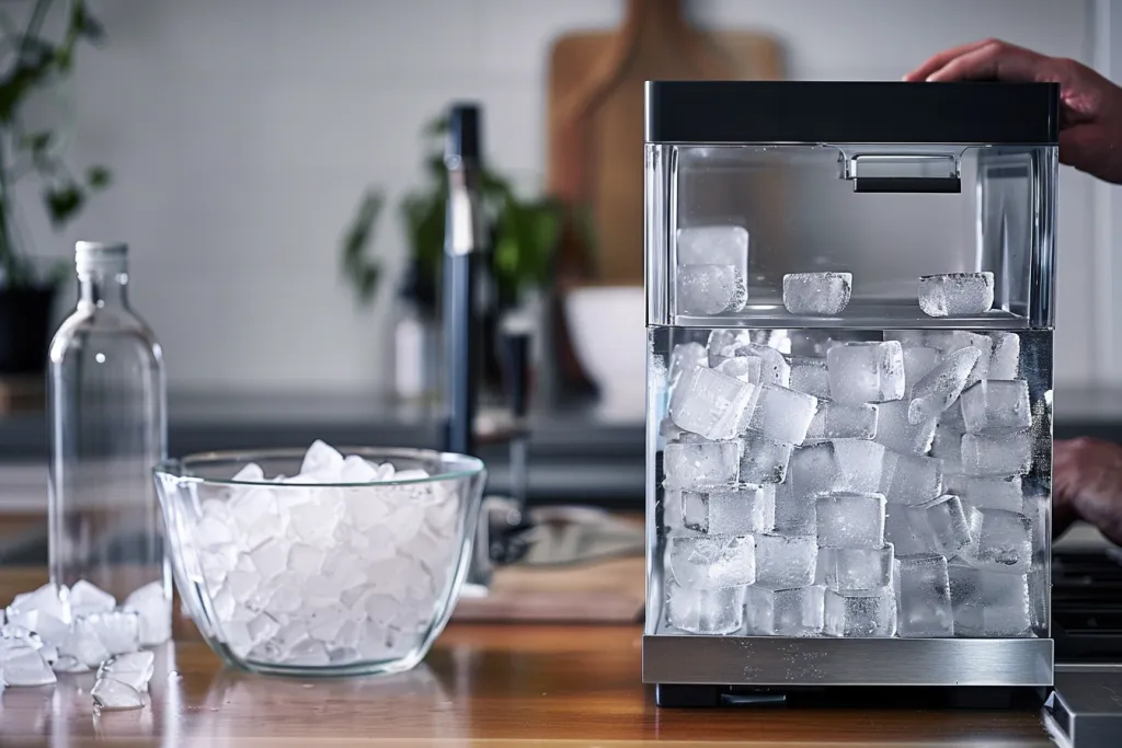 Bir kişi taze ve temiz kar tanesi şeklindeki buz küpleri yapmak için buz makinesi kullanıyor