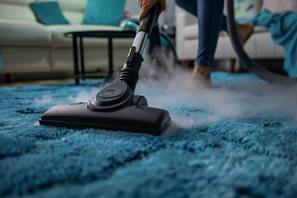 A person is using an iron to associated with dirty and stained blue carpet
