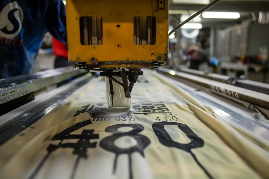 A person is using screen printing equipment to print the logo on cloth