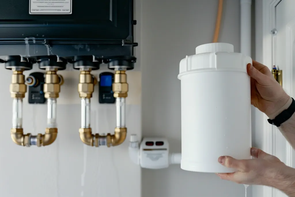 A photo of an above counter water filter with white paint