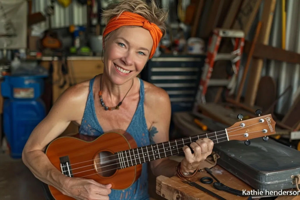 uma mulher sorrindo para a câmera enquanto tocava ukulele