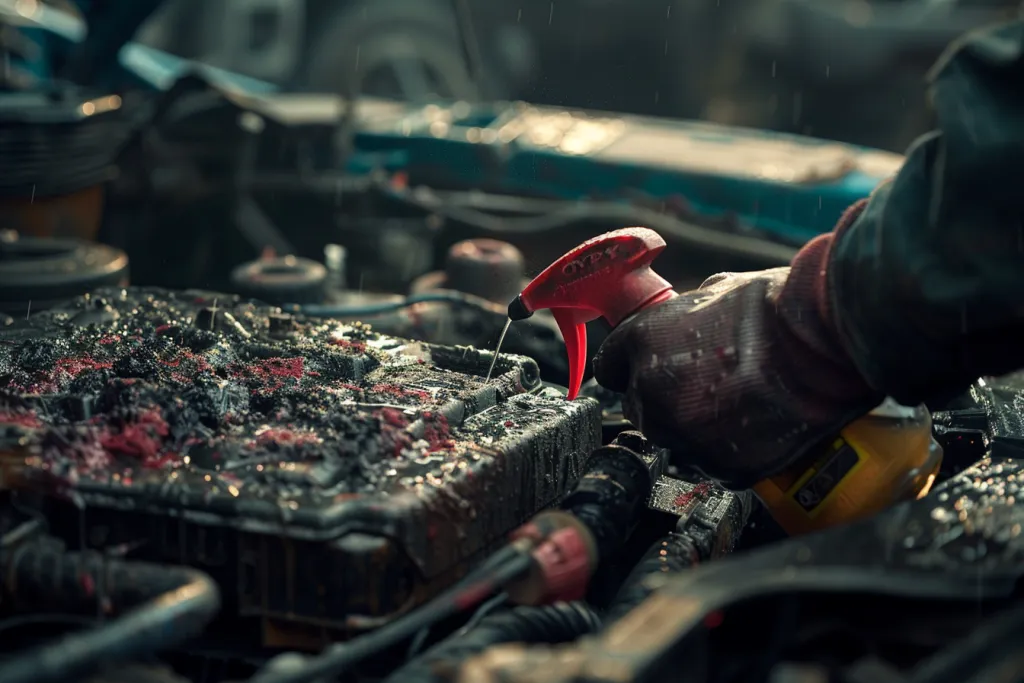 A photo of an auto mechanic using the red spray