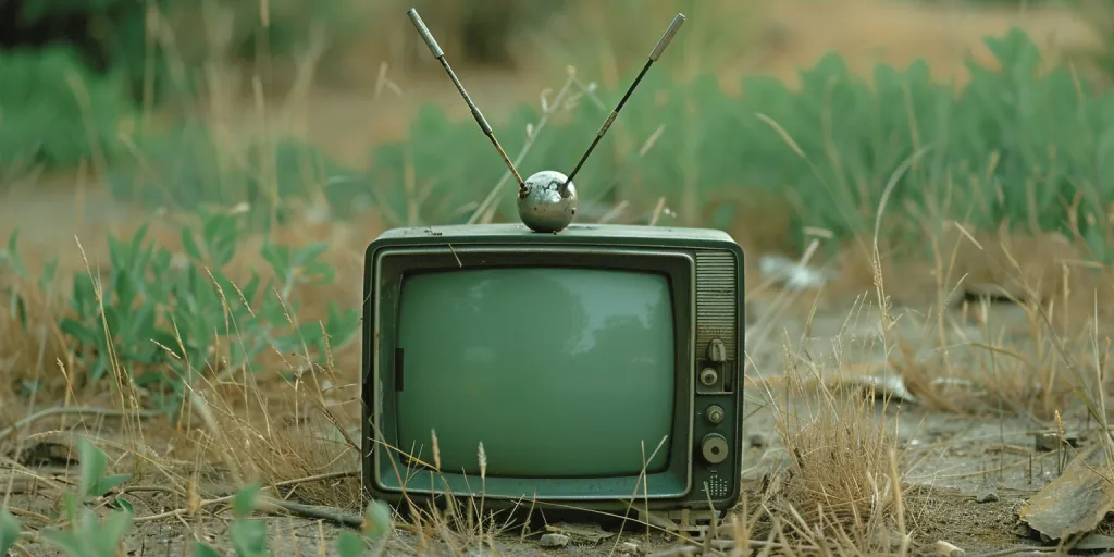 Una foto di un vecchio televisore con due antenne metalliche