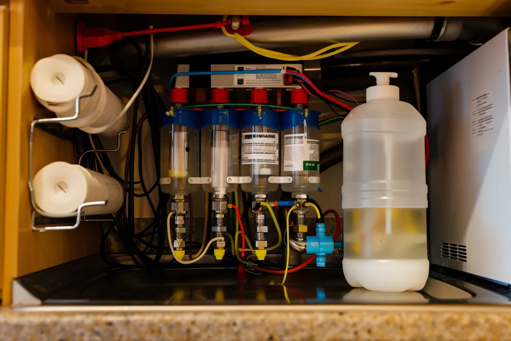 A photo of an under-the-sink water filter system