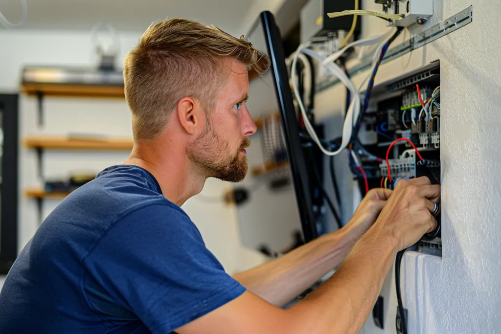 Ein Foto zeigt einen Elektriker in einem blauen T-Shirt, der an der Montage eines Fernsehers an einer Hauswand arbeitet