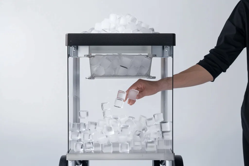 Una foto mostra un produttore di ghiaccio con ciottoli quadrati trasparenti grandi e piccoli