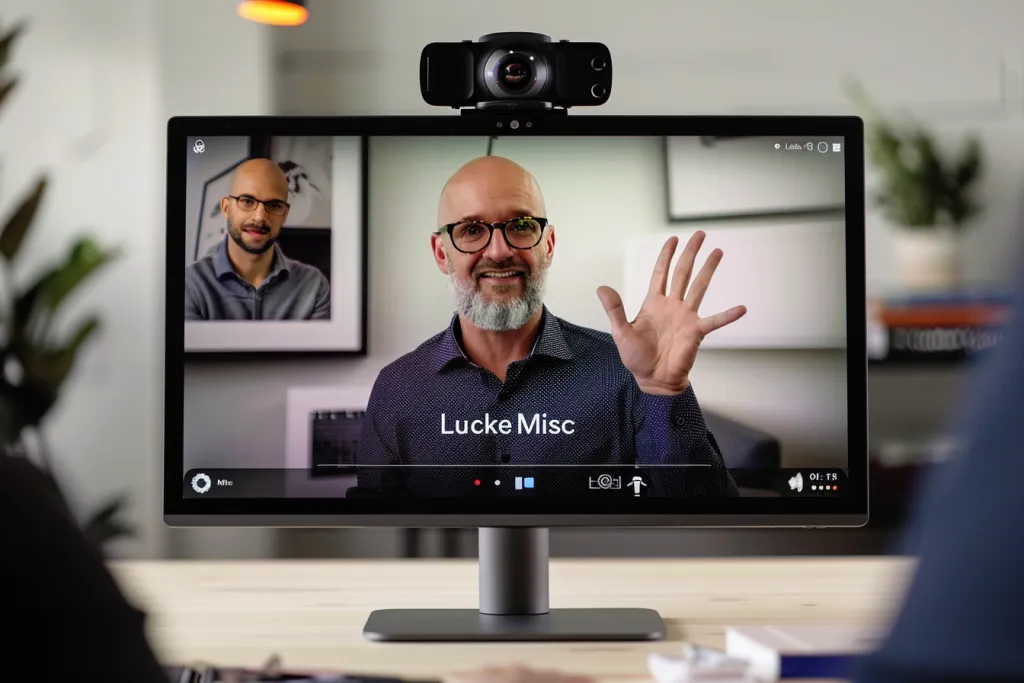 Sebuah layar memperlihatkan dua orang berbicara dalam konferensi video