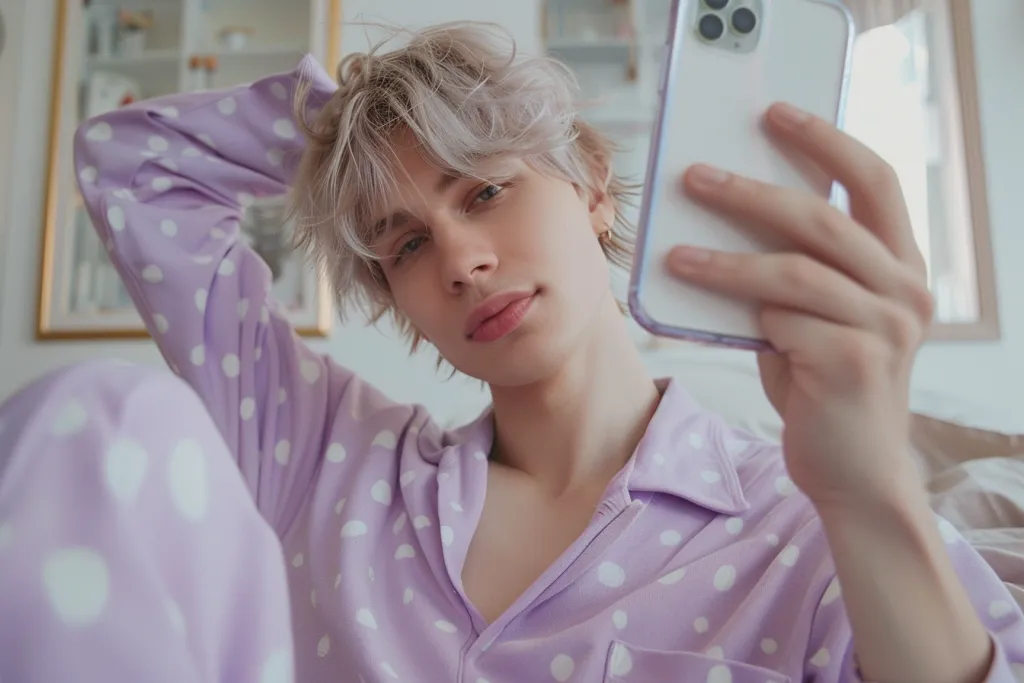 Un uomo biondo dai capelli corti in pigiama si fa un selfie
