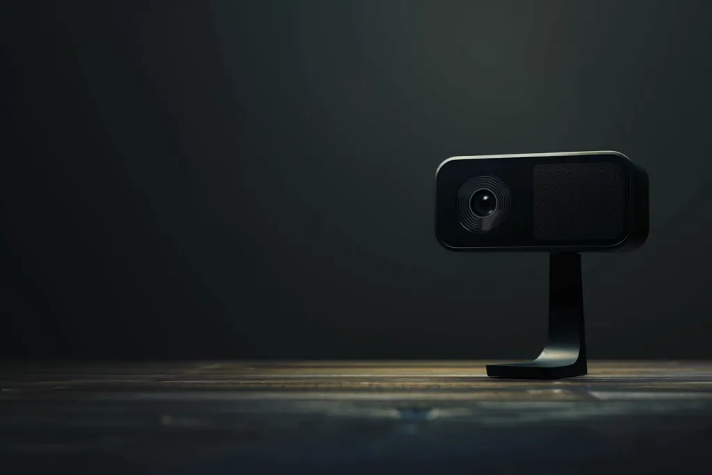 Kamera web definisi tinggi hitam ramping di dudukannya