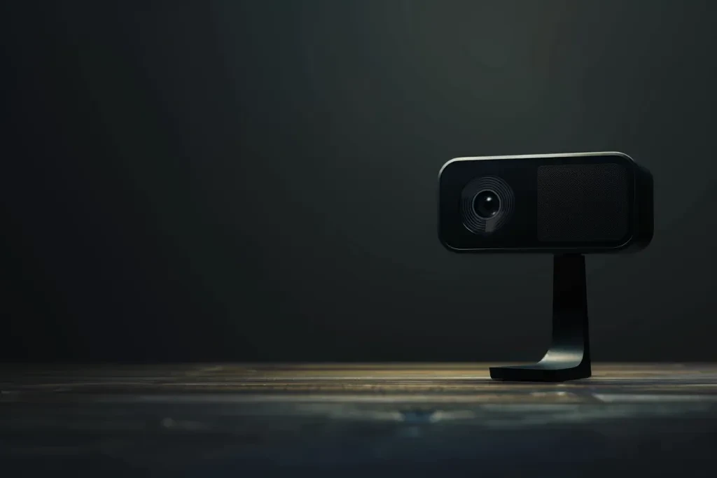 A sleek black high-definition web camera on its stand