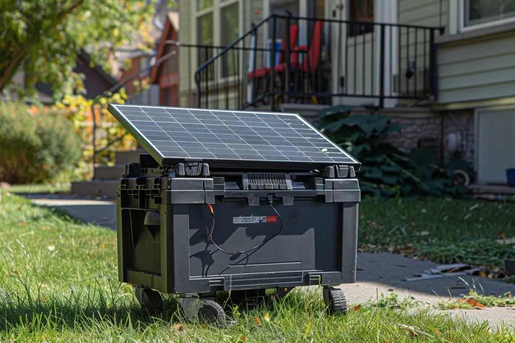 Küçük bir evin önünde tekerlekli güneş panellerinin fotoğrafı