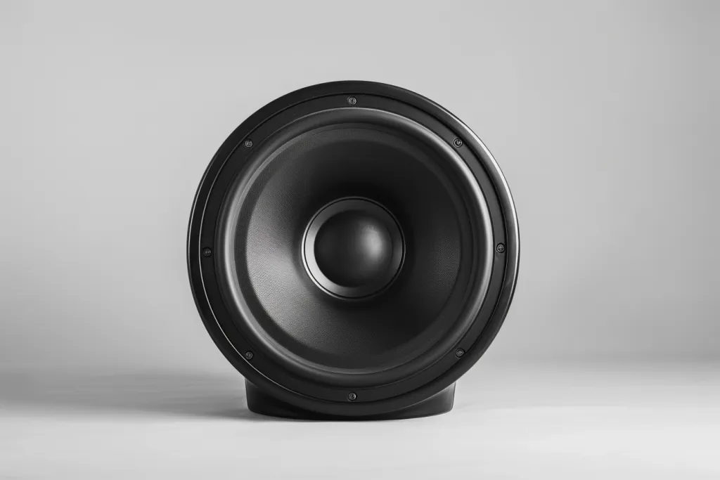 A subwoofer with black color and plain white background