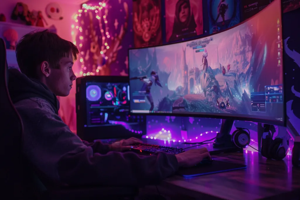 A teenager playing video games on his gaming monitor