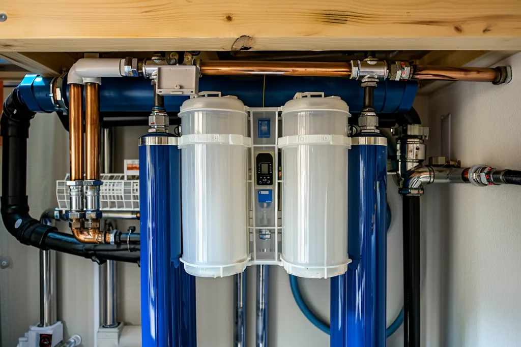 A water filter system is mounted on the wall above a home
