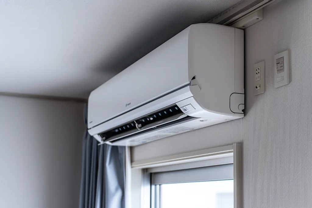 A white wall-mounted air conditioner with an electronic control panel on the right side