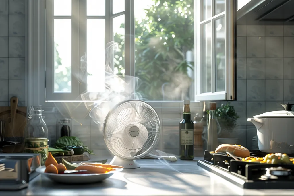 A white window fan sits on the kitchen counter