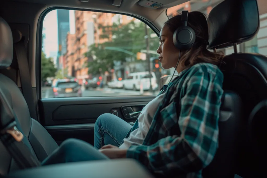 Seorang wanita yang memakai headphone sedang duduk di kursi belakang sebuah SUV