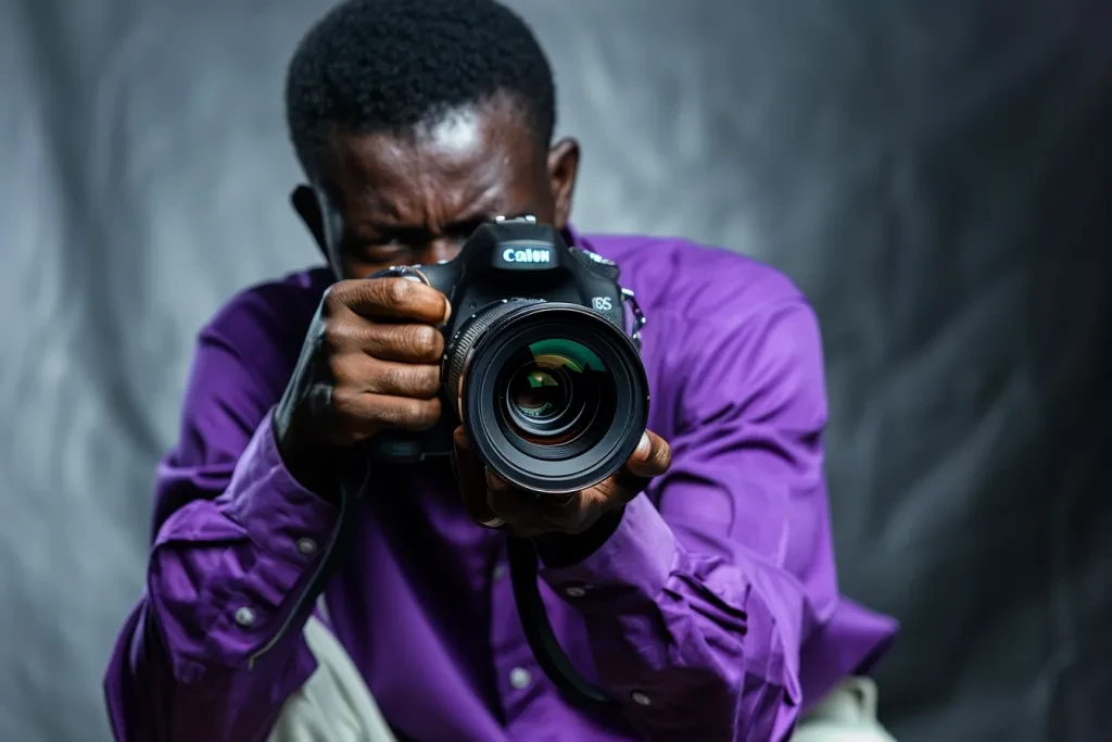 Photographe homme africain tenant l'appareil photo