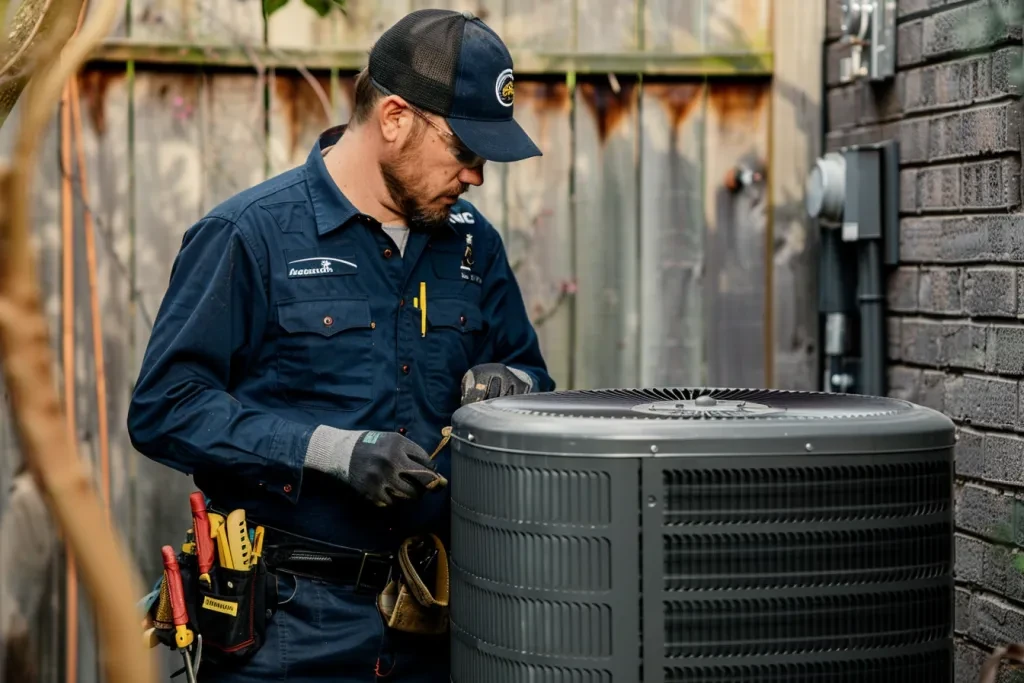 A  engineer fixing an air conditioner outside of the house