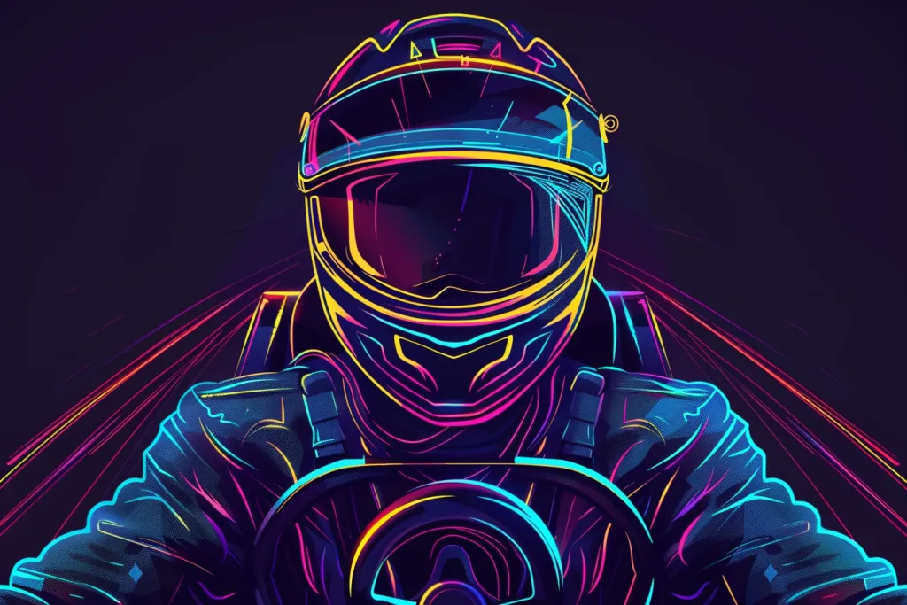Un avatar estilo cyberpunk de un piloto de kart eléctrico extremo