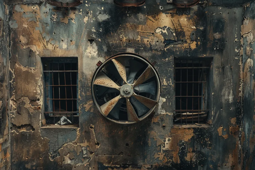 An exhaust fan mounted on the wall of an Indian house