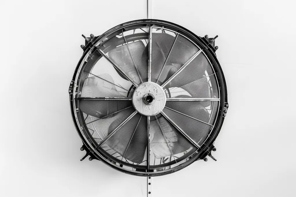 Black and white photo of a large exhaust fan