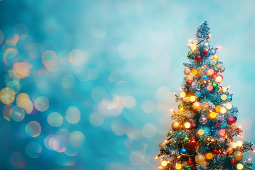 青い背景にカラフルなライトが付いたぼやけたお祝いのクリスマスツリー