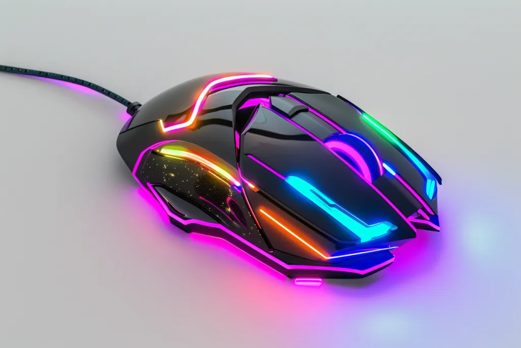Mouse gaming dengan efek kilat di permukaan