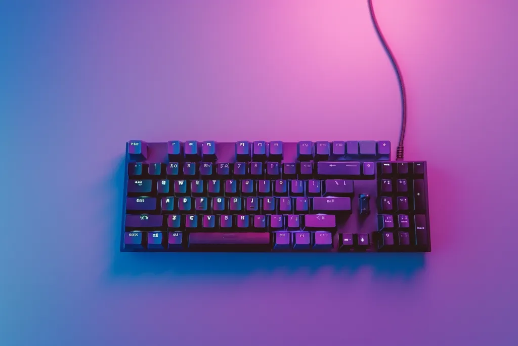 Foto de um teclado para jogos em um fundo roxo