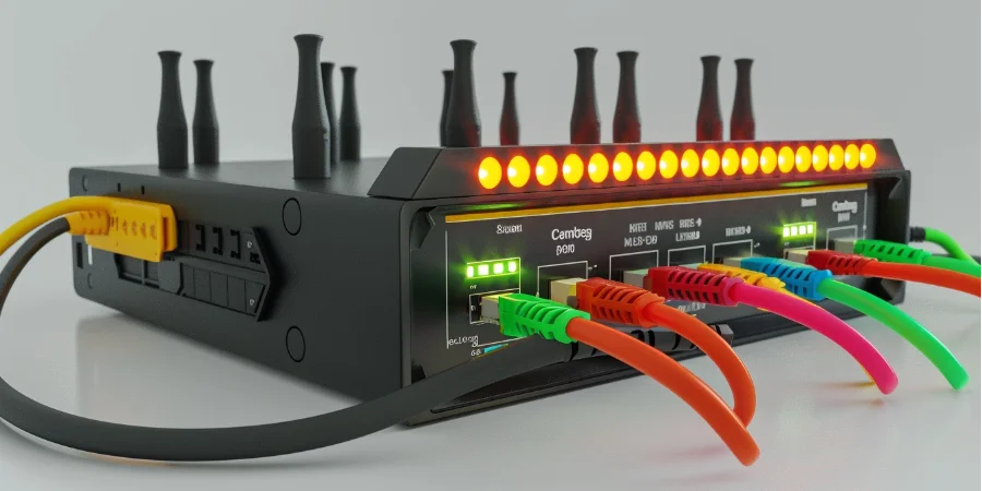 Foto eines Routers mit angeschlossenen farbigen Kabeln