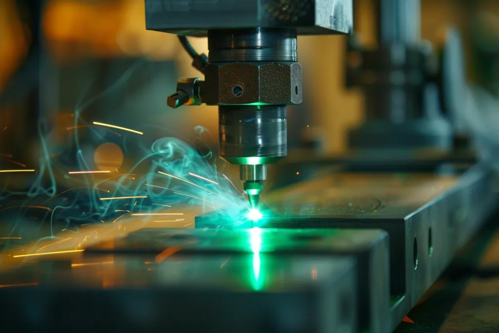 Photo of green laser beam from an envelope being used to welding two pieces of metal together