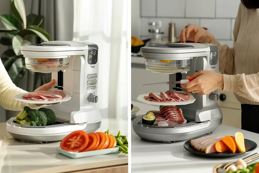 two different electric meat slicers in action