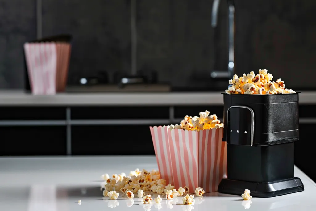 The black Cuisinart popcorn machine is placed on the white countertop