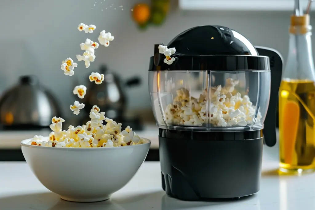 The black and grey hot air popcorn maker is shown on the kitchen